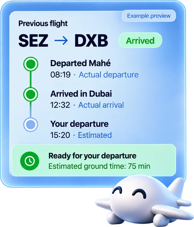 Vyn för det inkommande flygplanet: planet från Seychellerna har landat i Dubai kl. 12:32, vilket ger sjuttiofem minuter på marken innan det lyfter igen som ditt flyg.