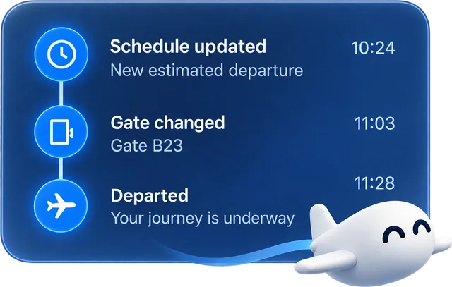 En tidslinje med FlyBud-opdateringer for ét fly: køreplan opdateret kl. 10:24, gate ændret til B23 kl. 11:03 og afgået kl. 11:28.
