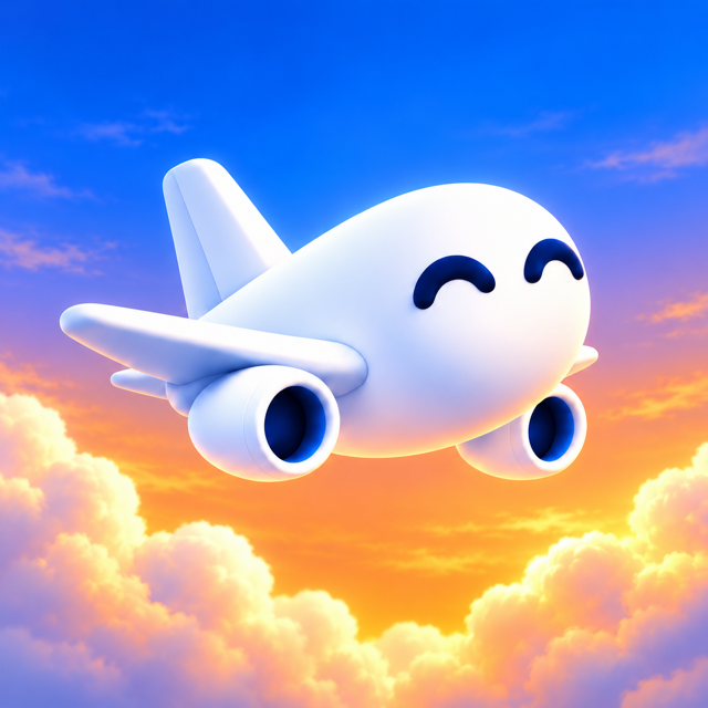 FlyBud mascot — a happy little plane above sunset clouds